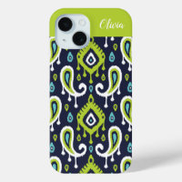 Navy and Green Ikat Paisley Monogram