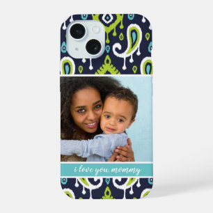 Navy and Green Ikat Paisley Mother's Day Photo iPhone 15 Case