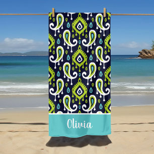 Navy and Green Ikat Paisley Name Monogram Beach Towel