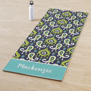 Navy and Green Ikat Paisley Name Monogram Yoga Mat