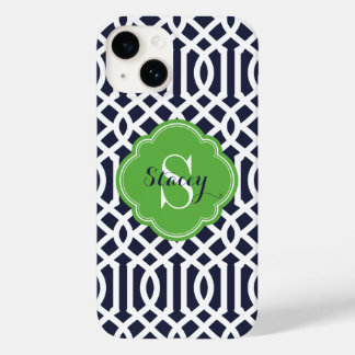 Navy and Green Modern Trellis Monogram Case-Mate iPhone 14 Case