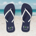 Navy and Green Modern Wedding Monogram<br><div class="desc">Custom printed flip flop sandals personalised with a cute heart and your monogram initials and wedding date. Click Customise It to change text fonts and colours or add your own images to create a unique one of a kind design!</div>
