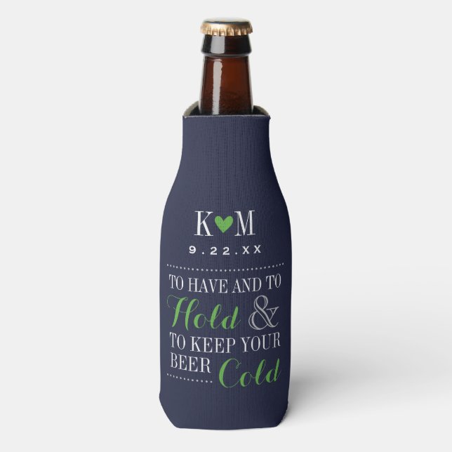 Navy and Green Modern Wedding Monogram Bottle Cooler (Bottle Front)