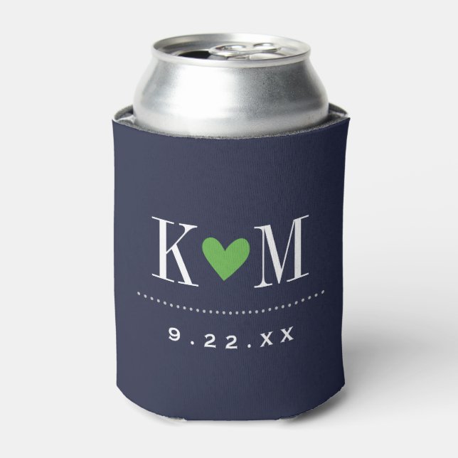 Navy and Green Modern Wedding Monogram Can Cooler (Can Front)