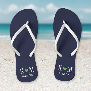 Navy and Green Modern Wedding Monogram Jandals