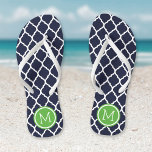 Navy and Green Moroccan Quatrefoil Monogram<br><div class="desc">Custom printed flip flop sandals with a stylish Moroccan quatrefoil pattern and your custom monogram or other text in a circle frame. Click Customise It to change text fonts and colours or add your own images to create a unique one of a kind design!</div>