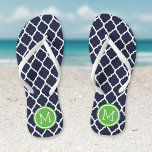 Navy and Green Moroccan Quatrefoil Monogram Jandals<br><div class="desc">Custom printed flip flop sandals with a stylish Moroccan quatrefoil pattern and your custom monogram or other text in a circle frame. Click Customise It to change text fonts and colours or add your own images to create a unique one of a kind design!</div>