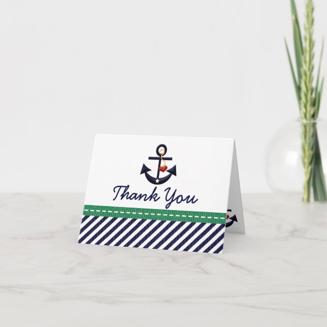 Navy and Green Nautical Anchor Thank You Note Card (Front)