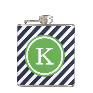 Navy and Green Nautical Stripes Monogram Hip Flask