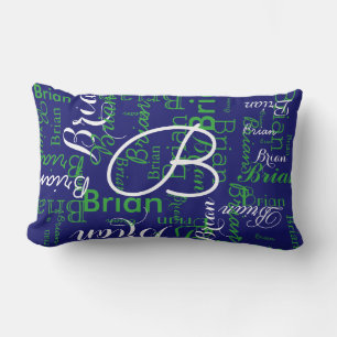 navy and green pattern of names lumbar cushion