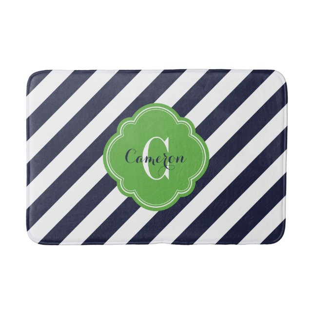 Navy and Green Preppy Stripes Monogram Bath Mat (Front)