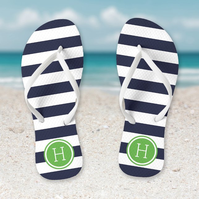 Navy and Green Preppy Stripes Monogram Jandals (Creator Uploaded)