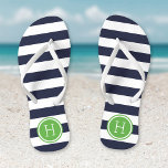 Navy and Green Preppy Stripes Monogram Jandals<br><div class="desc">Custom printed flip flop sandals with a preppy nautical stripe pattern and your custom monogram or other text in a circle frame. Click Customise It to change text fonts and colours or add your own images to create a unique one of a kind design!</div>