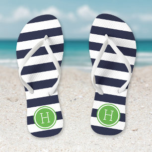 Navy and Green Preppy Stripes Monogram Jandals