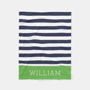 Navy and Green Stripes Monogram Editable Colours Fleece Blanket