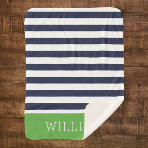 Navy and Green Stripes Monogram   Editable Colours Sherpa Blanket