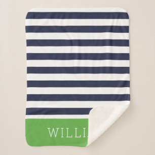 Navy and Green Stripes Monogram   Editable Colours Sherpa Blanket