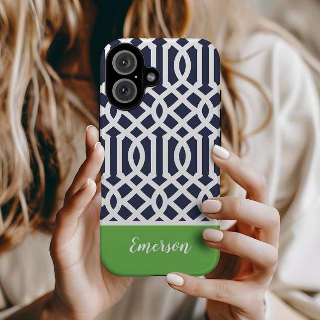 Navy and Green Trellis Monogram Case-Mate iPhone Case (Creator Uploaded)