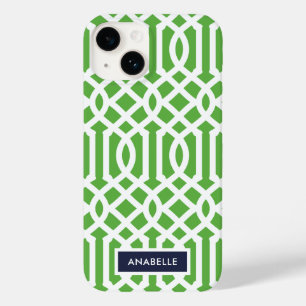 Navy and Green Trellis Monogram Case-Mate iPhone 14 Case