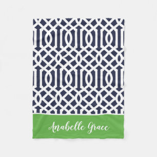 Navy and Green Trellis Monogram Editable Colours Fleece Blanket