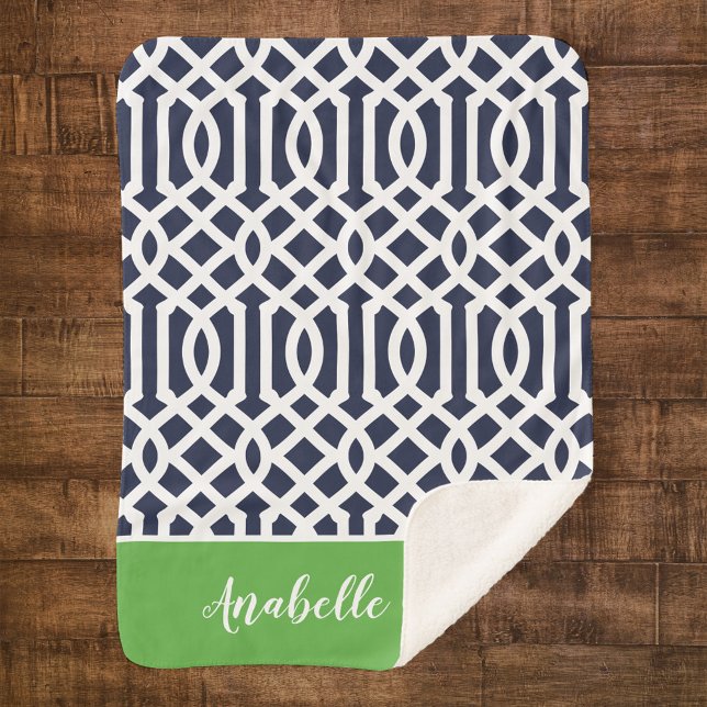 Navy and Green Trellis Monogram | Editable Colours Sherpa Blanket (Creator Uploaded)