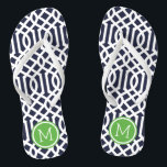 Navy and Green Trellis Monogram Jandals<br><div class="desc">Custom printed flip flop sandals with a stylish modern trellis pattern and your custom monogram or other text in a circle frame. Click Customise It to change text fonts and colours or add your own images to create a unique one of a kind design!</div>