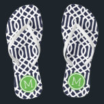 Navy and Green Trellis Monogram Jandals<br><div class="desc">Custom printed flip flop sandals with a stylish modern trellis pattern and your custom monogram or other text in a circle frame. Click Customise It to change text fonts and colours or add your own images to create a unique one of a kind design!</div>