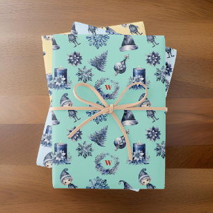 Navy and Grey Elf Trees Wreath Snowflake Monogram Wrapping Paper Sheet