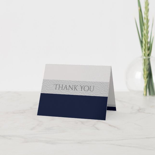 Navy And Grey Leather Style Contemporary Striped Thank You Card (Front)