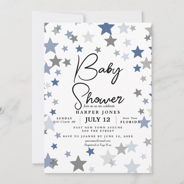 navy and grey star Baby Shower Invite sip & see (Front)