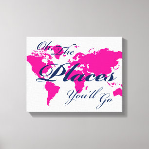 Navy and Hot Pink World Map Places You'll Go Art Canvas Print