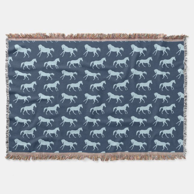 Navy and Hunter Galloping Horses Pattern Throw Blanket (Front)