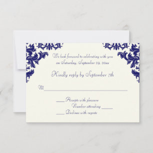 Navy and Ivory Damask RSVP Card