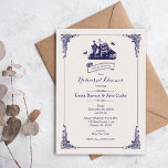 Navy and Ivory Vintage Ship Rehearsal Dinner Invitation<br><div class="desc">Chic elegant nautical wedding rehearsal dinner party invitation design with a whimsical vintage illustration of a boat with two birds and an ornate flourish border. Design features traditional serif typography and a scroll banner. A beautiful and unique design, perfect for a nautical beach wedding! Click the CUSTOMIZE IT button to...</div>