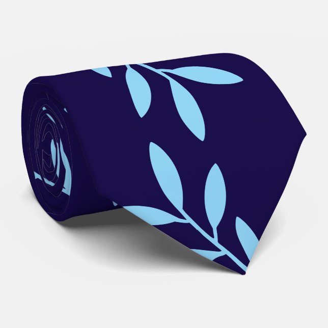 Navy and Light Blue Botanical Leaves Pattern Tie (Rolled)