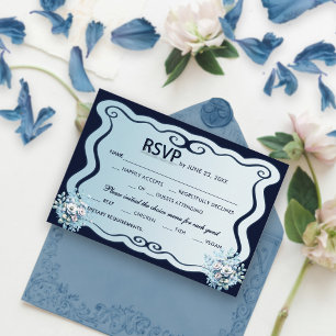 Navy and Light Blue Chic Boho Floral Wedding RSVP  Card