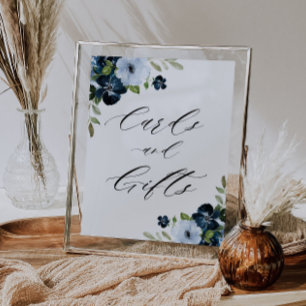 navy and light blue floral cards & gifts sign