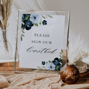 navy and light blue floral guestbook wedding sign