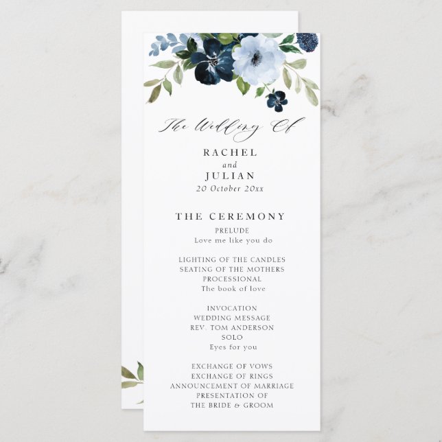 navy and light blue floral wedding program programme (Front/Back)