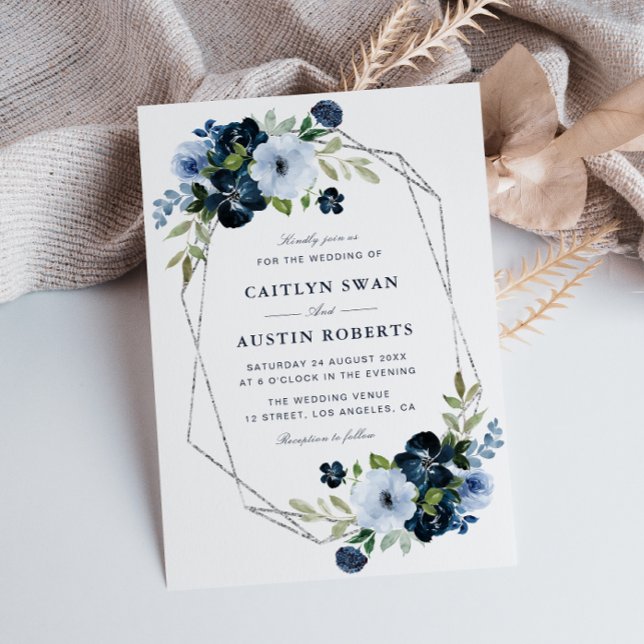 Navy and light blue silver geometric wedding invitation (Creator Uploaded)