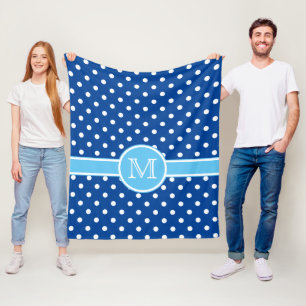 Navy and Light Blue With White Polka Dot Monogram Fleece Blanket