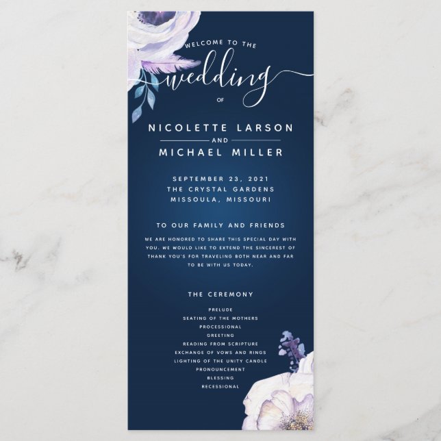 Navy and Lilac Rose Wedding Ceremony Program Menu (Front)