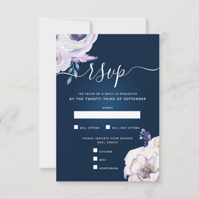 Navy and Lilac Rose Wedding RSVP Card (Front)
