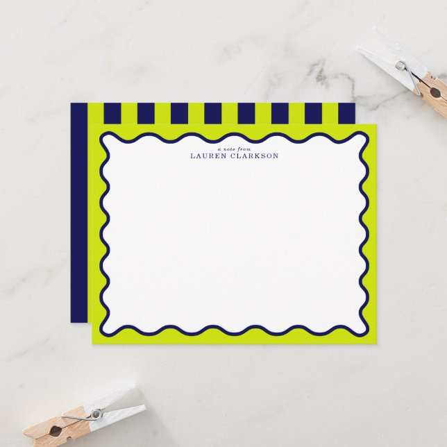 Navy and Lime Striped Wavy Frame Note Card (Front/Back In Situ)