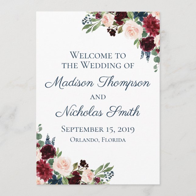 Navy and Marsala Floral Wedding Program Cards (Front)
