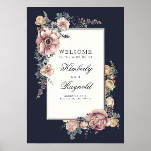 Navy and Mauve Floral Vintage Wedding Welcome Sign