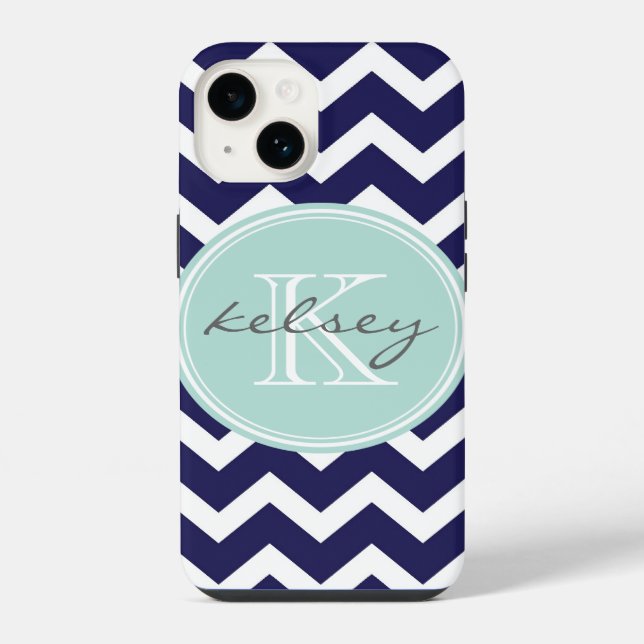 Navy and Mint Chevron Custom Monogram iPhone Case (Back)