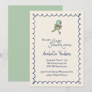 Navy and Mint Doodle Rattle and Bow Baby Shower Invitation