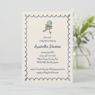 Navy and Mint Doodle Rattle and Bow Baby Shower Invitation