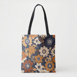 Navy and Mustard Folk Floral Pattern Tote Bag